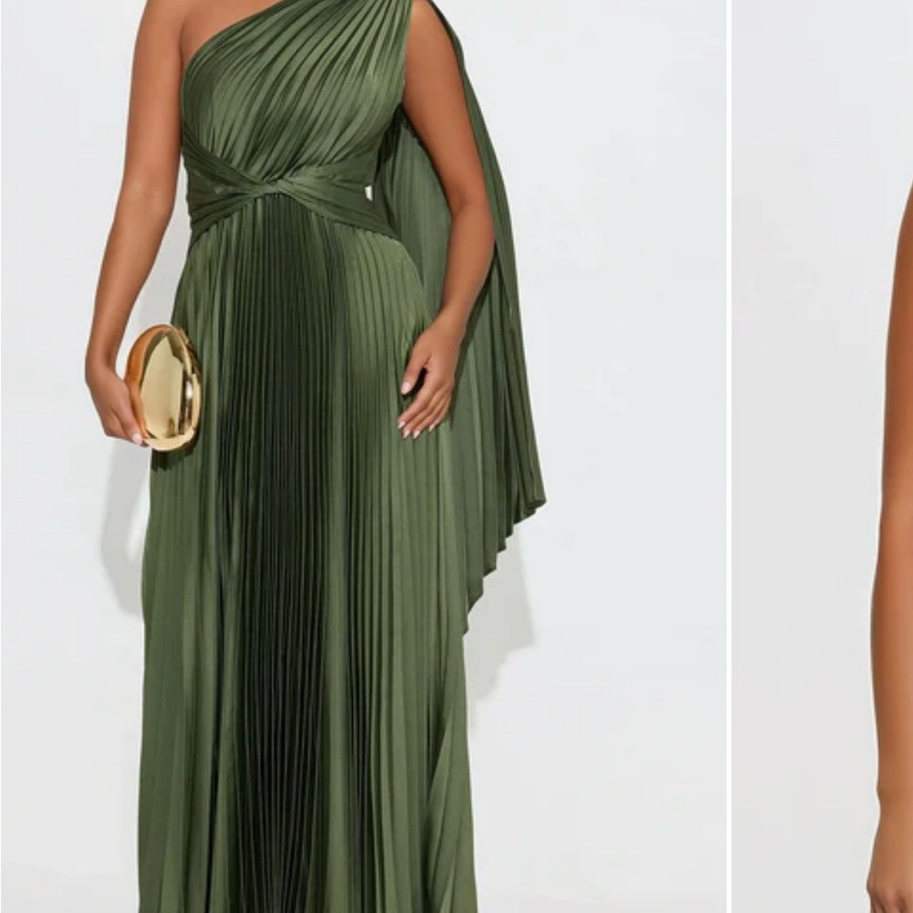 Fashion Nova One-Shoulder Pleated Dress in Olive